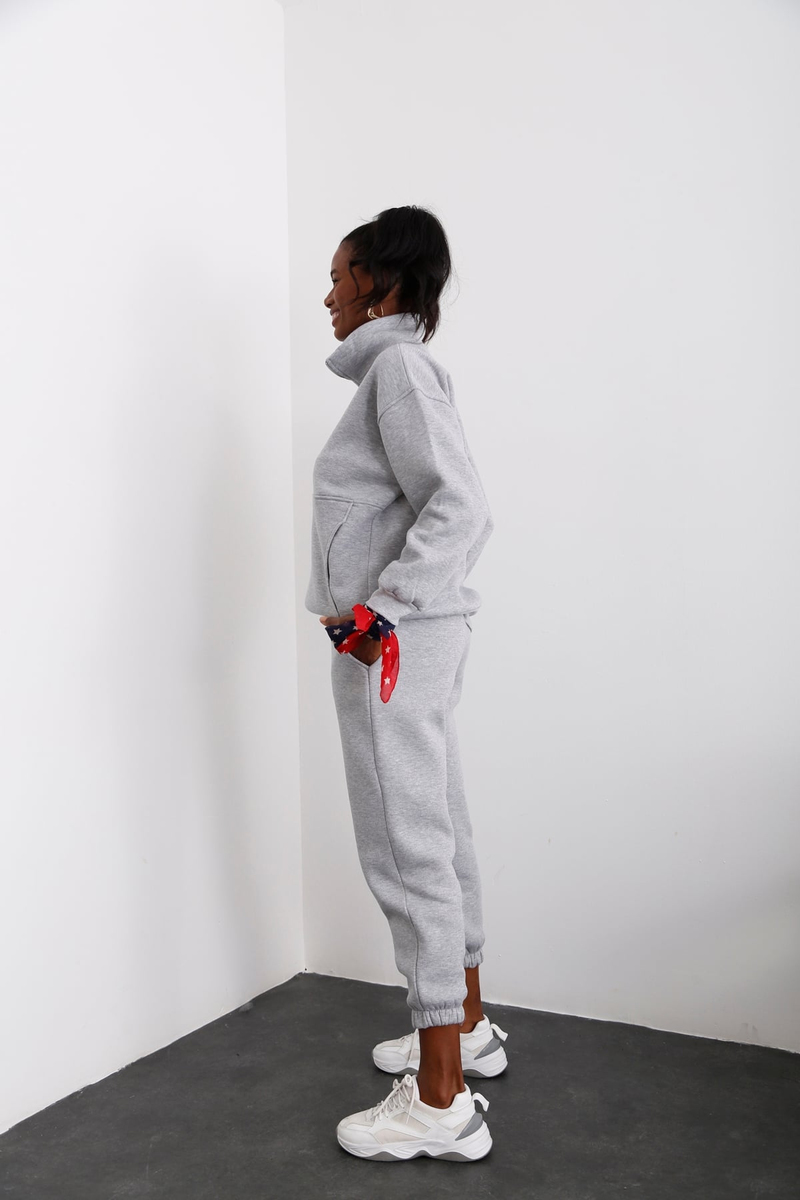 Gri Yarım Fermuarlı Şardonlu Sweatshirt 3611