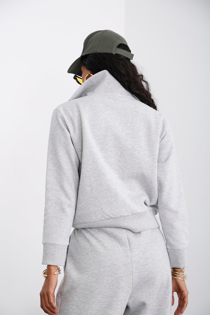 Gri Yarım Fermuarlı Şardonlu Sweatshirt 