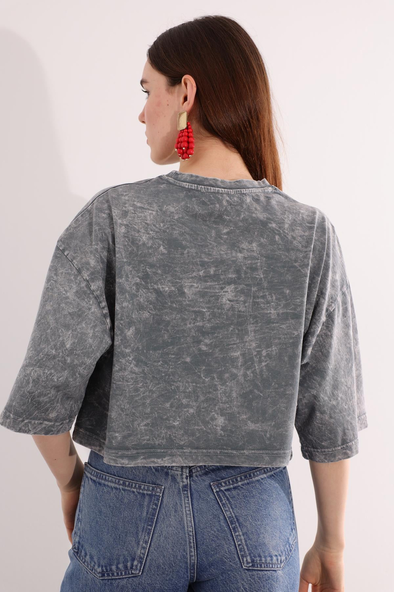 Gri Yıkamalı Oversize Tişört 