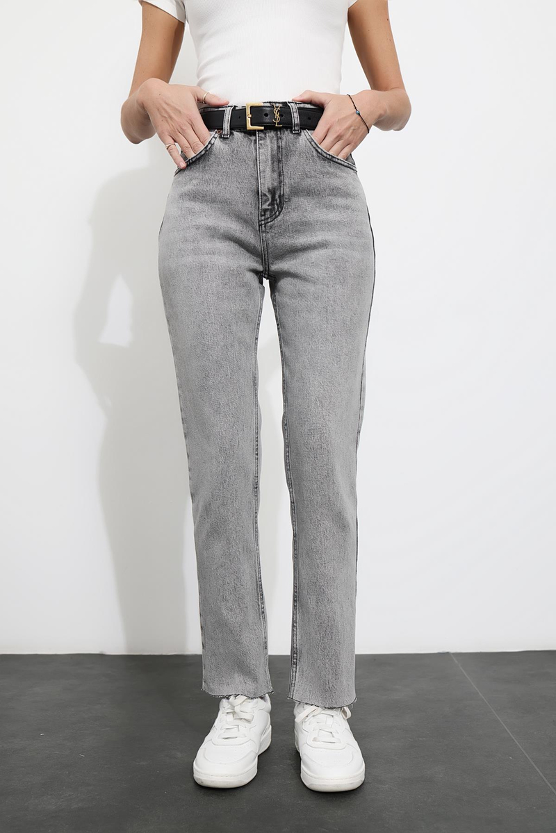Gri Yüksek Bel Cropped Jean 487