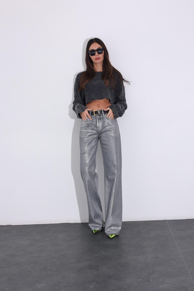 Gri Yüksek Bel Simli Wide Leg Jean 