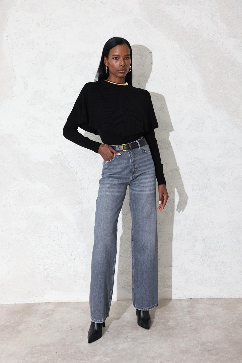 Gri Yüksek Bel Wide Leg Jean 7714