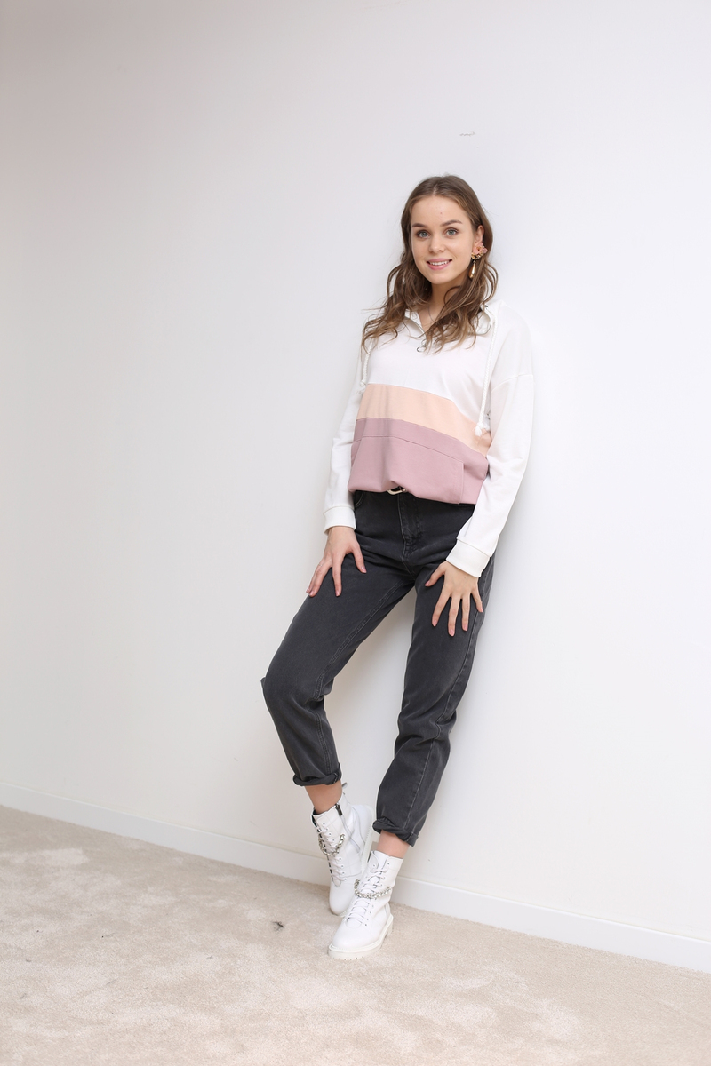 Gül Kurusu Üç Renk Yakası Fermuarlı Sweatshirt