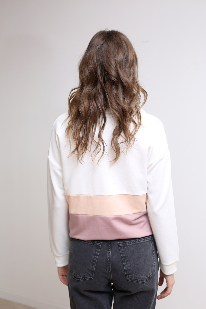 Gül Kurusu Üç Renk Yakası Fermuarlı Sweatshirt