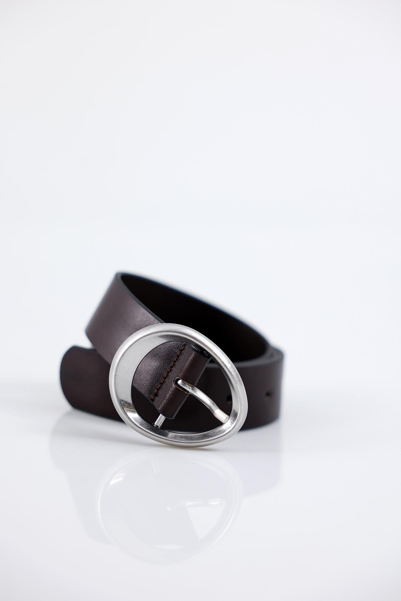 Gümüş Oval Tokalı Acı Kahve Deri Kemer 