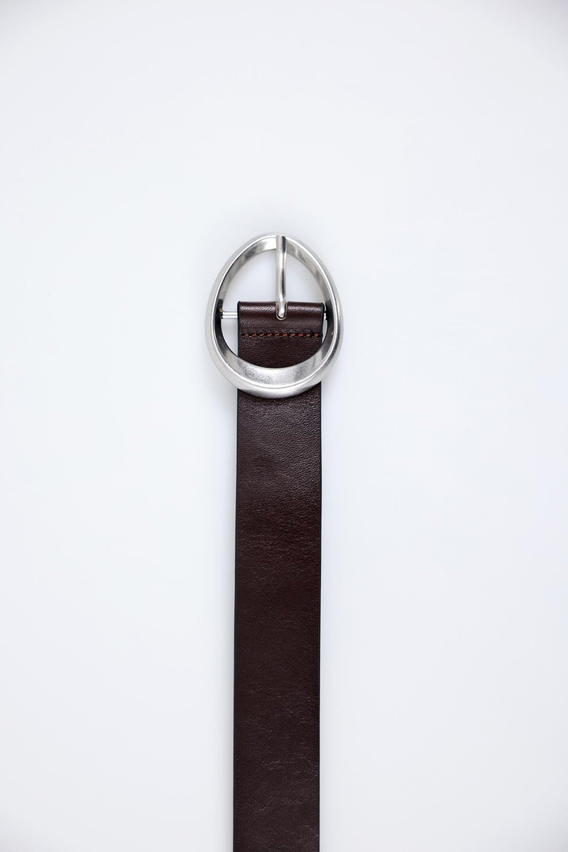 Gümüş Oval Tokalı Acı Kahve Deri Kemer 