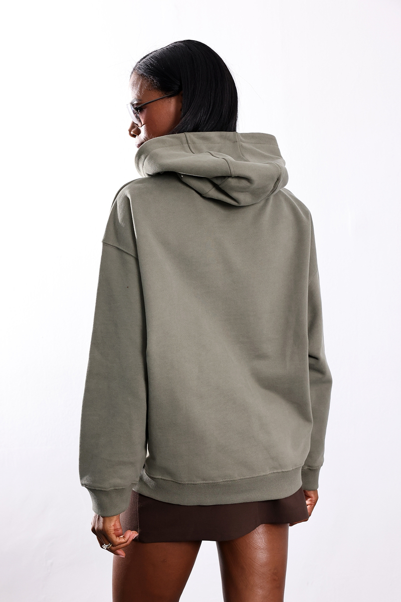 Haki Ada Nakışlı Kapüşonlu Sweatshirt 