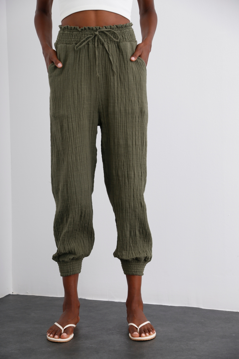 Haki Beli Lastikli Şalvar Pantolon 3716