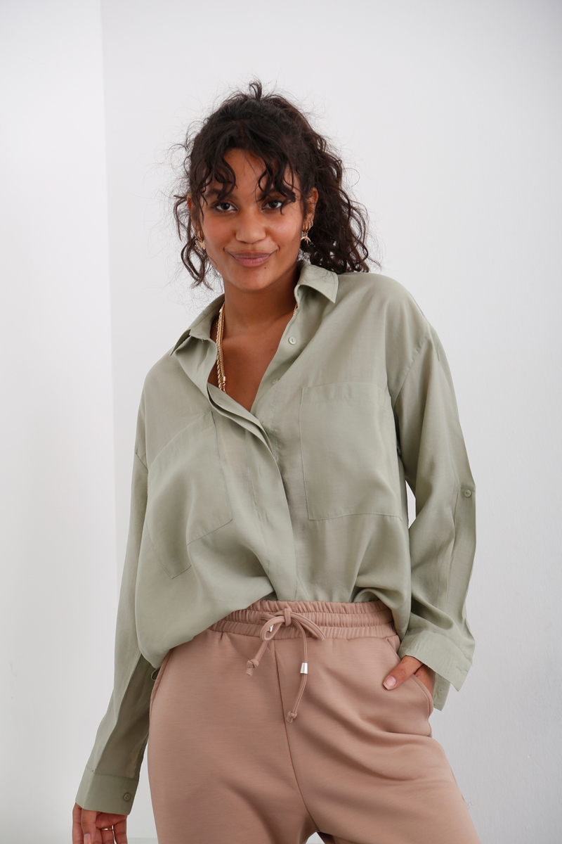 Haki Çift Cepli Oversize Gömlek 3953