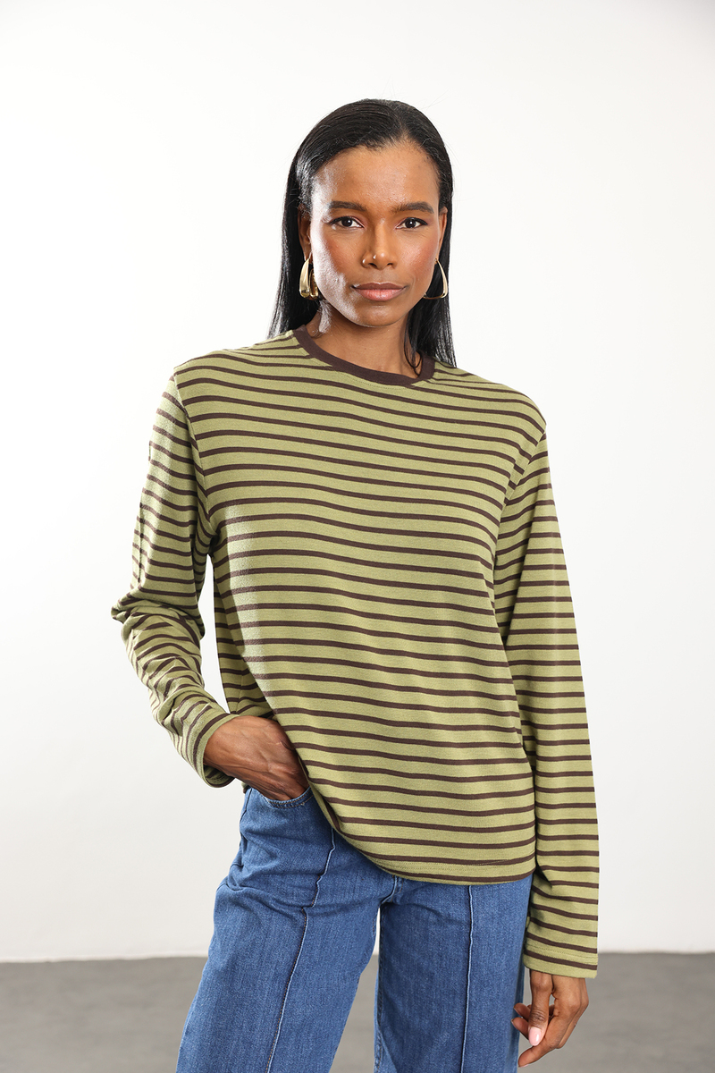 Haki Çizgili Uzun Kollu Tişört 0197