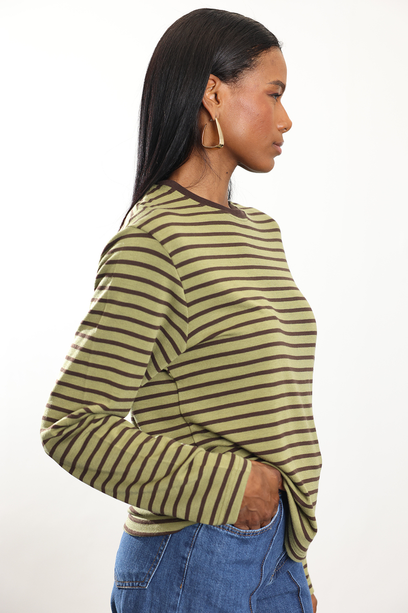 Haki Çizgili Uzun Kollu Tişört 0197
