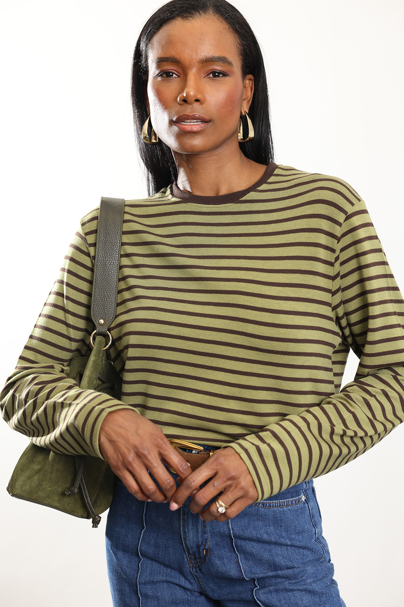 Haki Çizgili Uzun Kollu Tişört 0197
