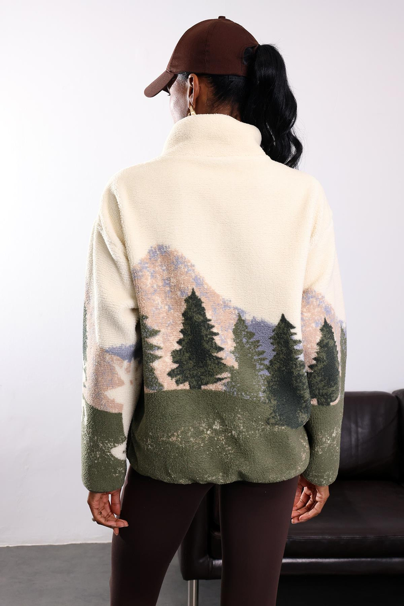 Haki Geyik Desenli Polar Sweatshirt 22365