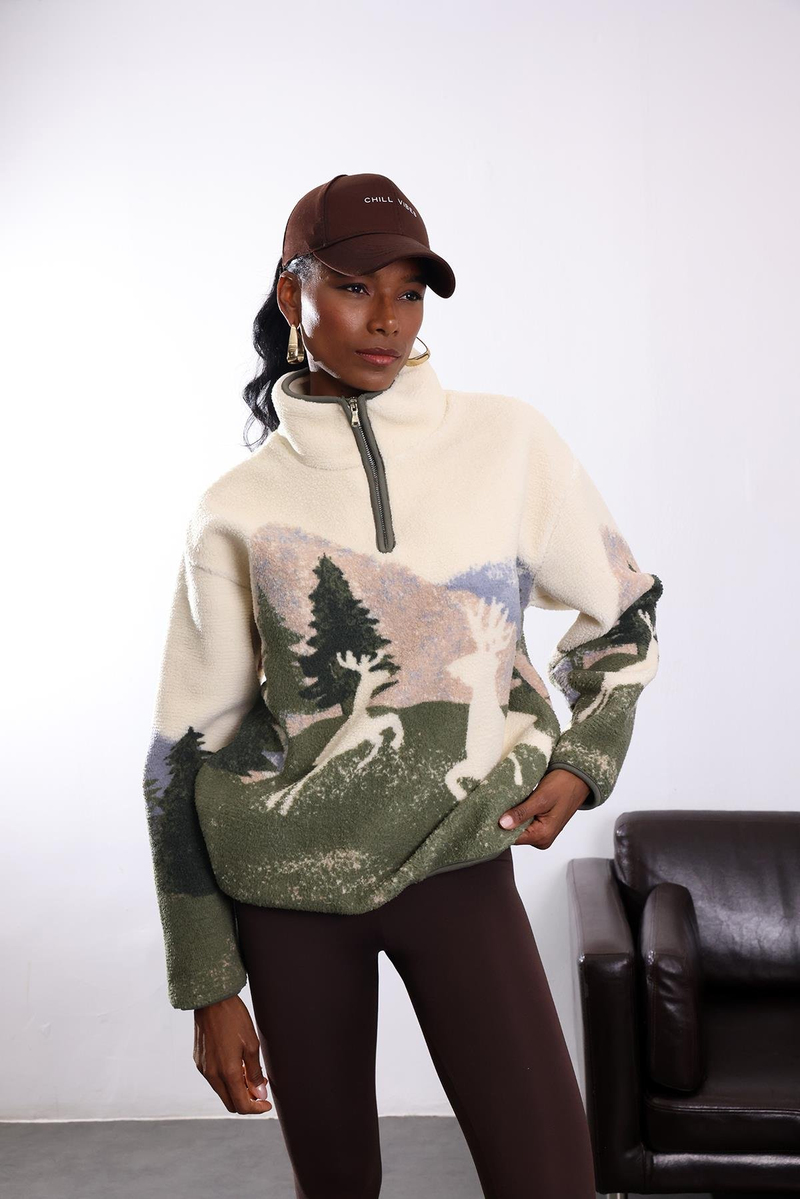 Haki Geyik Desenli Polar Sweatshirt 22365