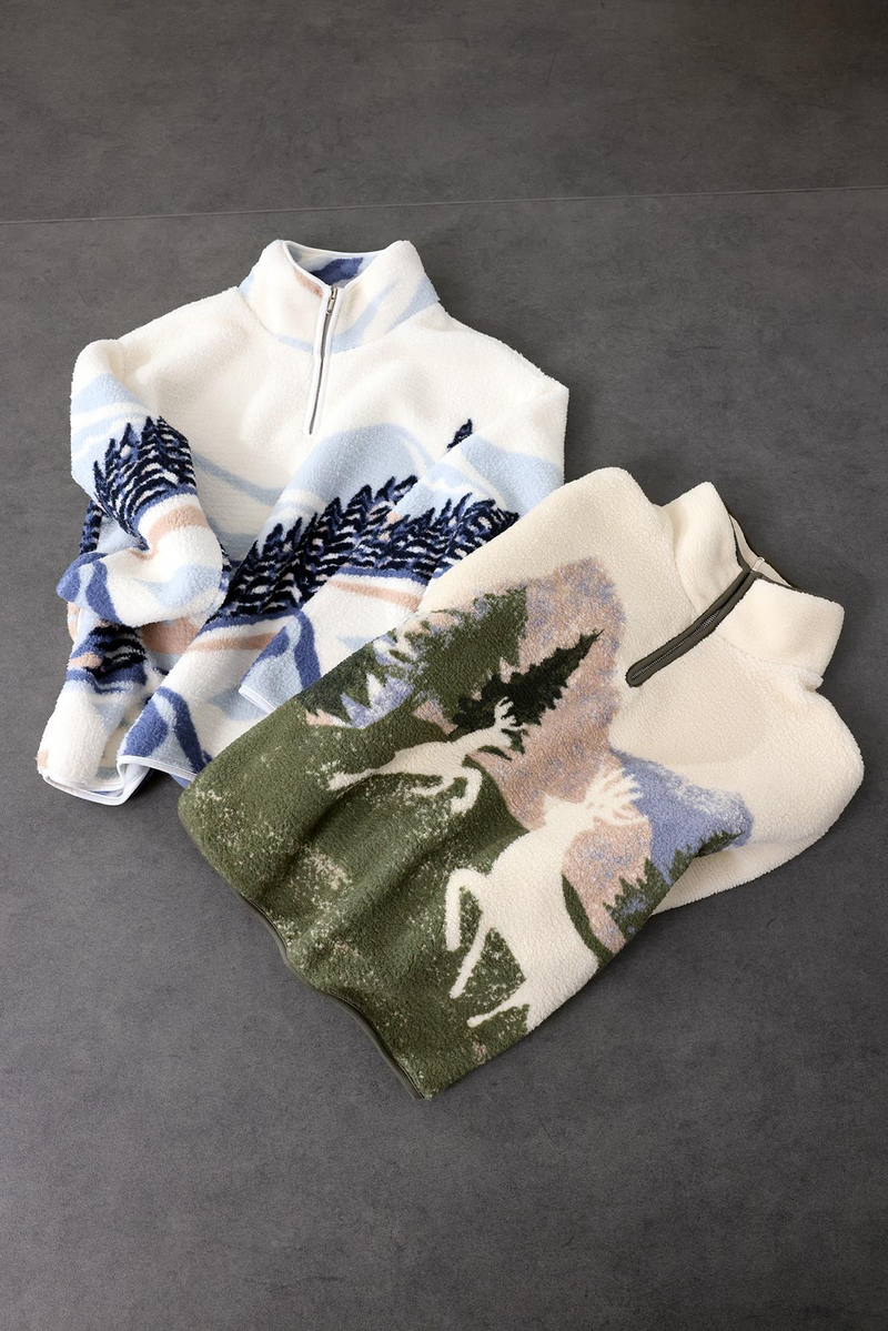 Haki Geyik Desenli Polar Sweatshirt 22365