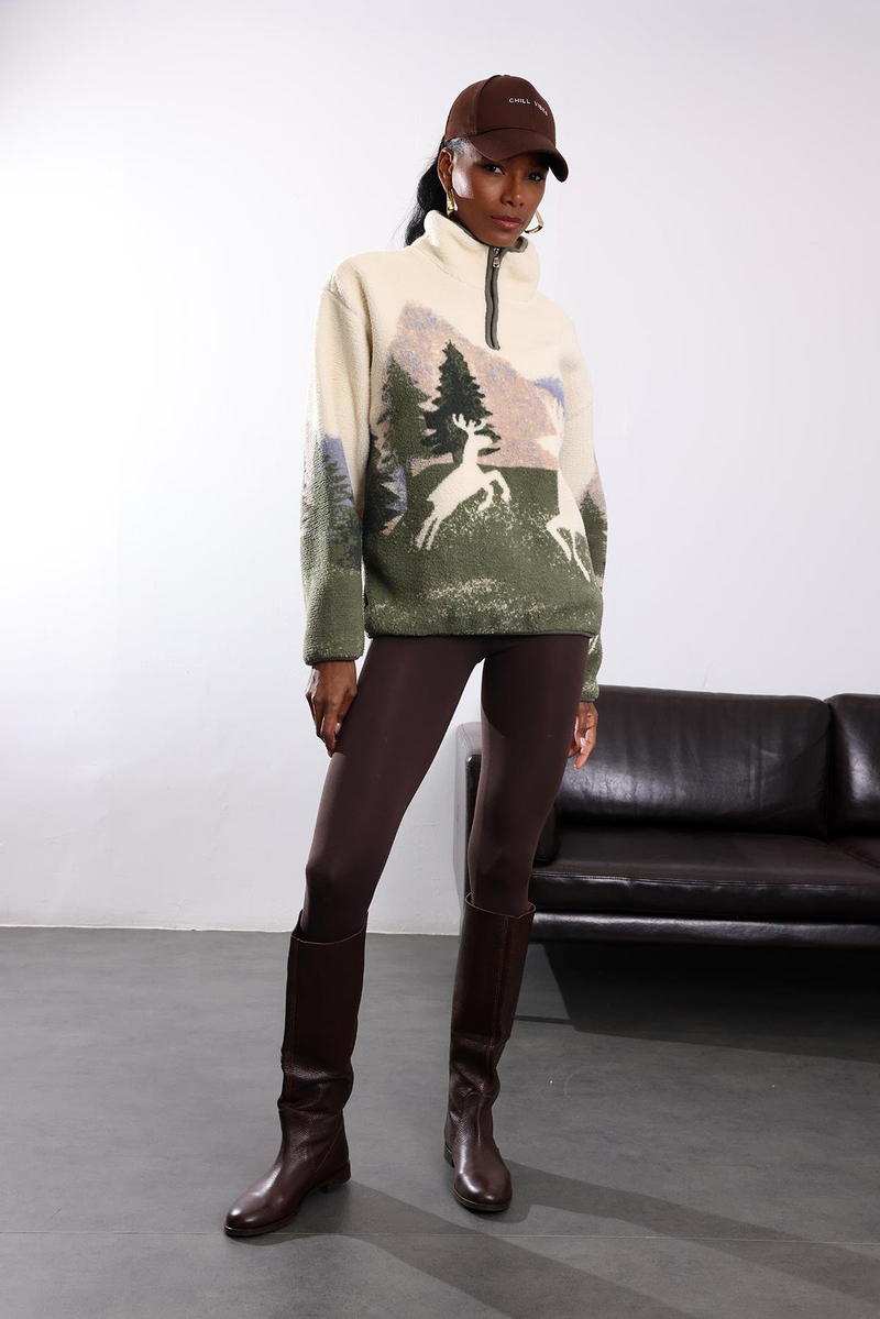 Haki Geyik Desenli Polar Sweatshirt 22365