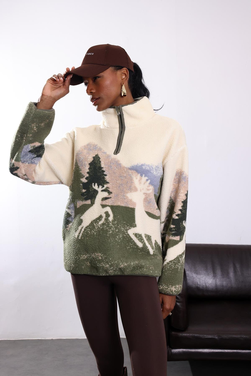 Haki Geyik Desenli Polar Sweatshirt 22365