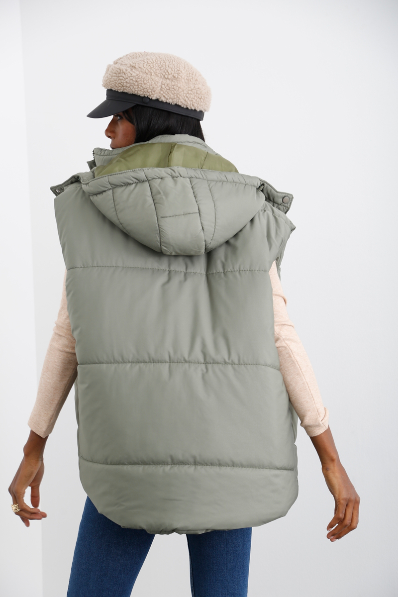 Haki Kapüşonlu Oversize Şişme Yelek 59004