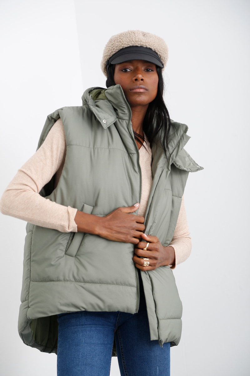 Haki Kapüşonlu Oversize Şişme Yelek 59004