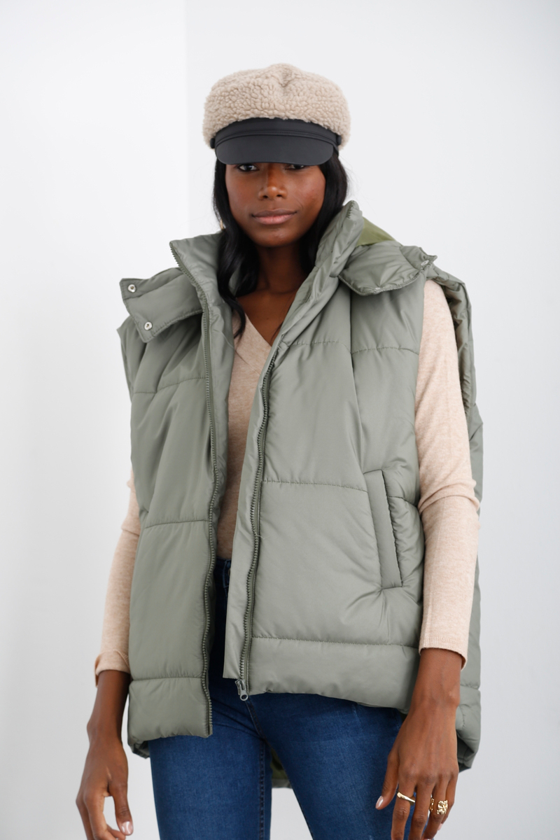 Haki Kapüşonlu Oversize Şişme Yelek 59004