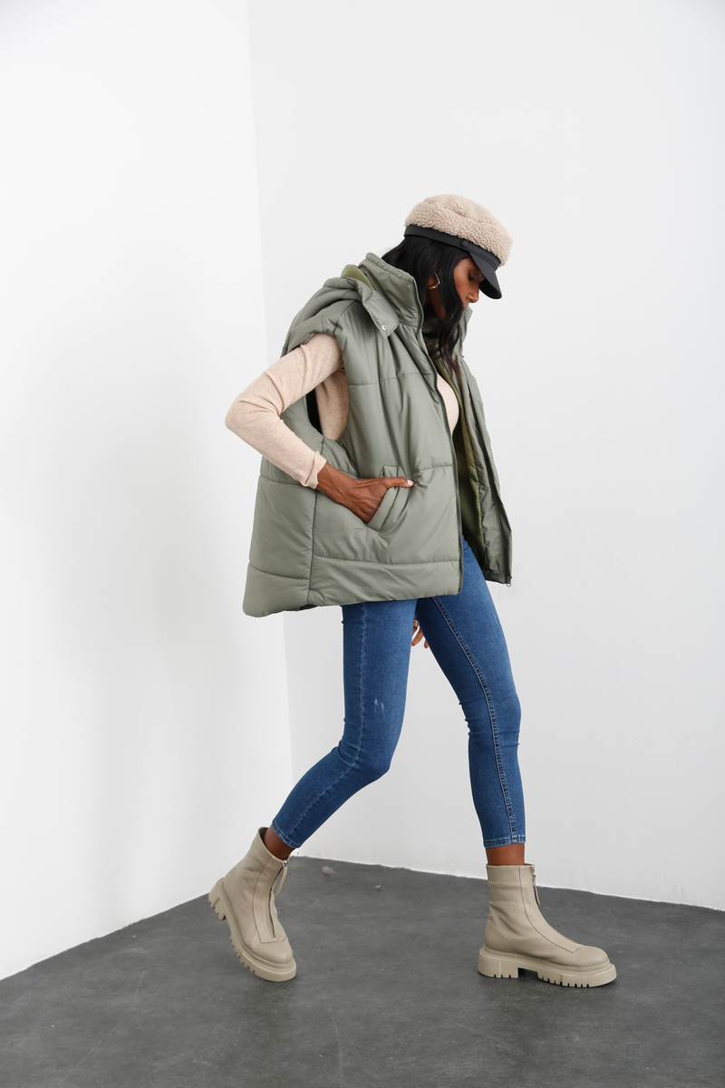 Haki Kapüşonlu Oversize Şişme Yelek 59004