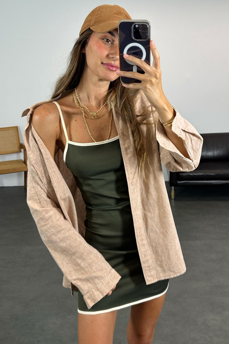 Haki Kontrast Biyeli Mini Elbise 298102