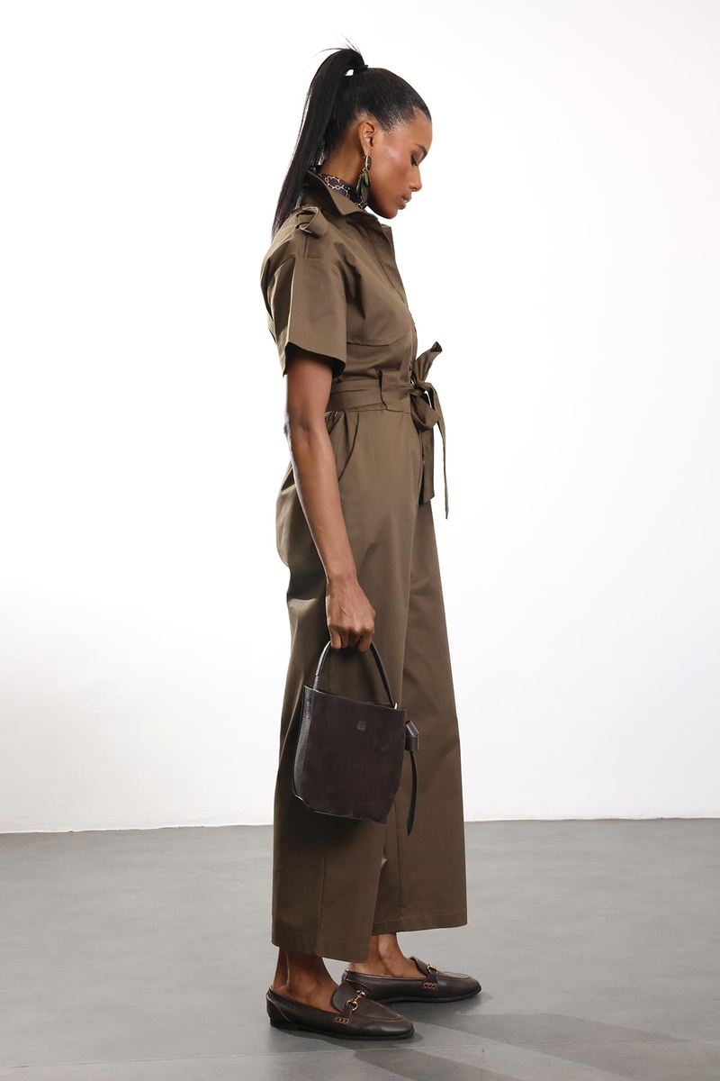 Haki Kuşaklı Önü Düğmeli Tulum 9535