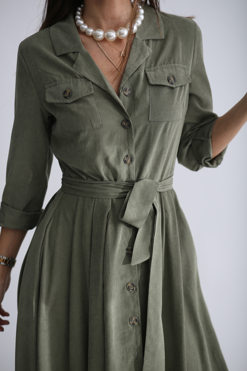 Haki Tencel Pile Detaylı Elbise 22113
