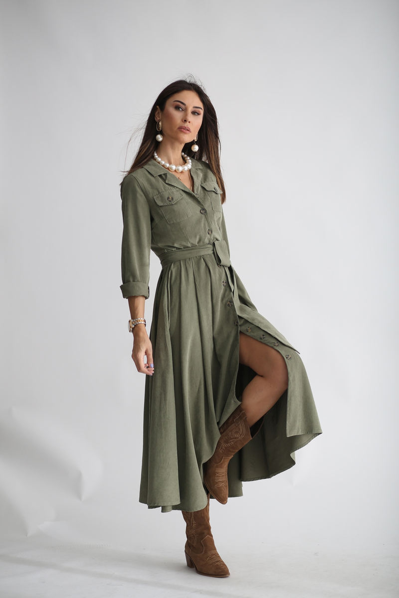Haki Tencel Pile Detaylı Elbise 22113