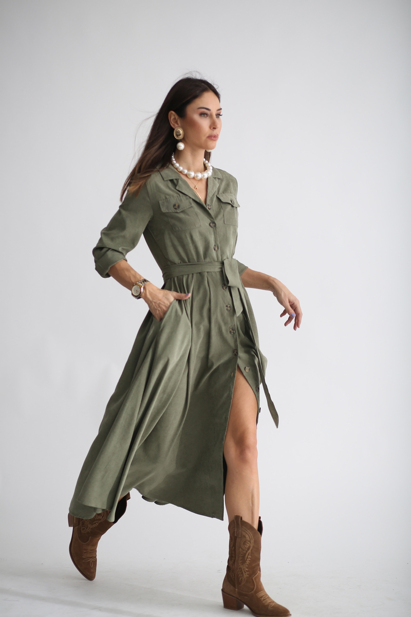 Haki Tencel Pile Detaylı Elbise 22113