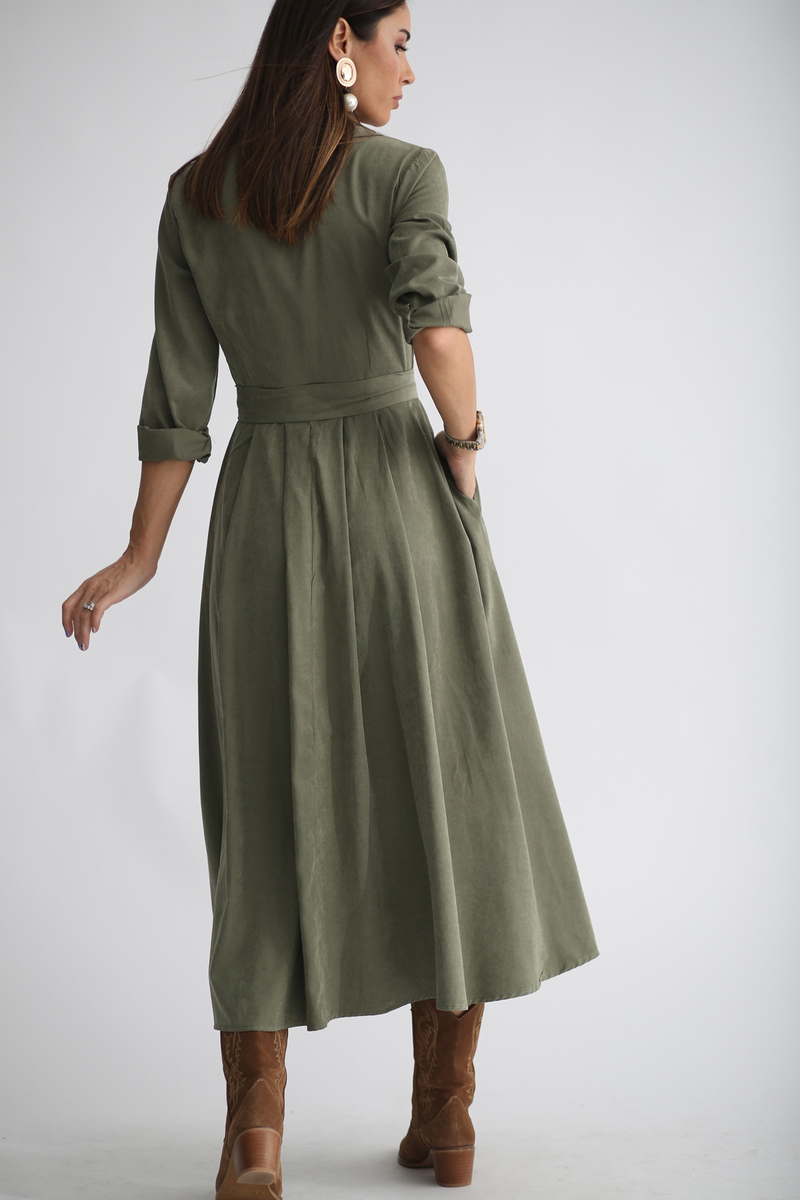 Haki Tencel Pile Detaylı Elbise 22113