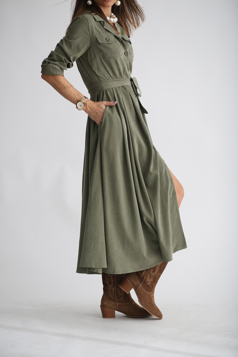 Haki Tencel Pile Detaylı Elbise 22113