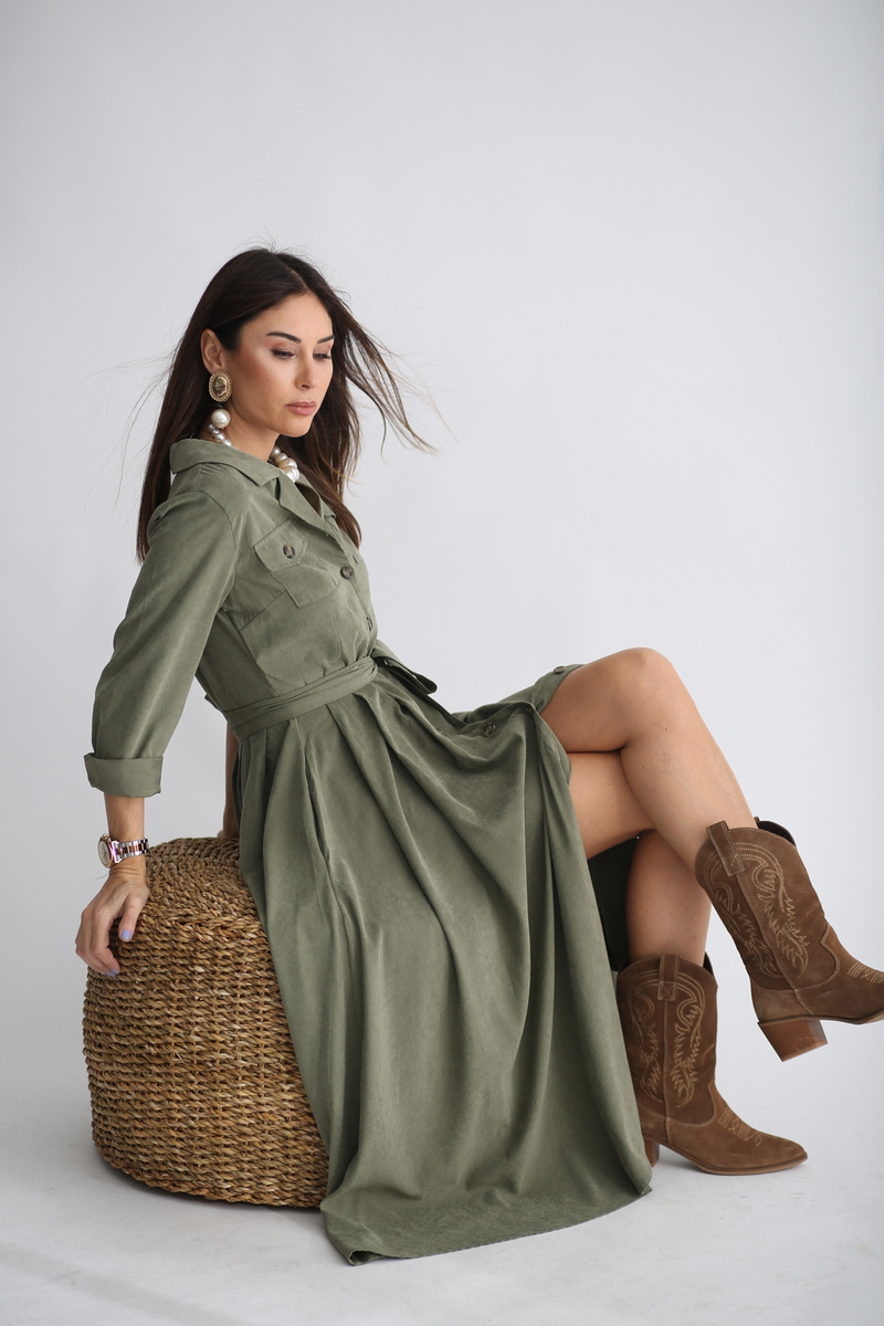 Haki Tencel Pile Detaylı Elbise 22113