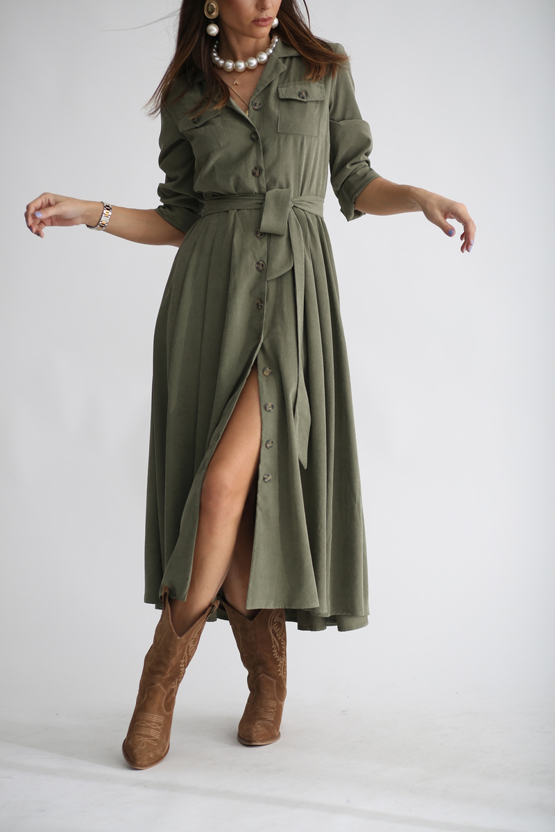 Haki Tencel Pile Detaylı Elbise 22113