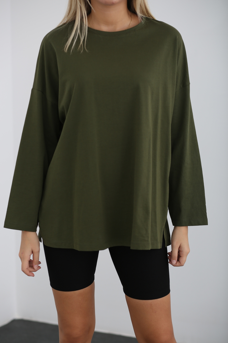 Haki Uzun Kol Basic Tshirt 0106
