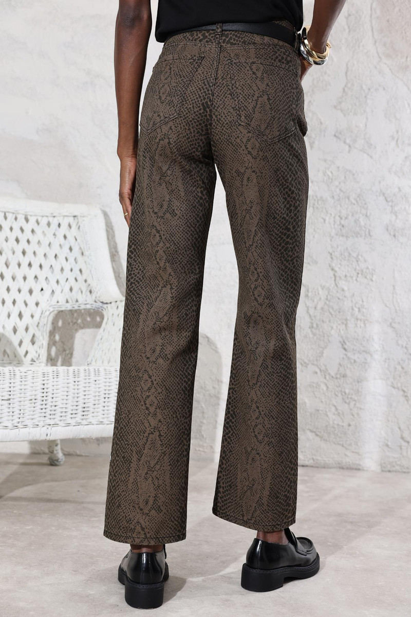 Haki Yüksek Bel Yılan Desenli Straight Jean 