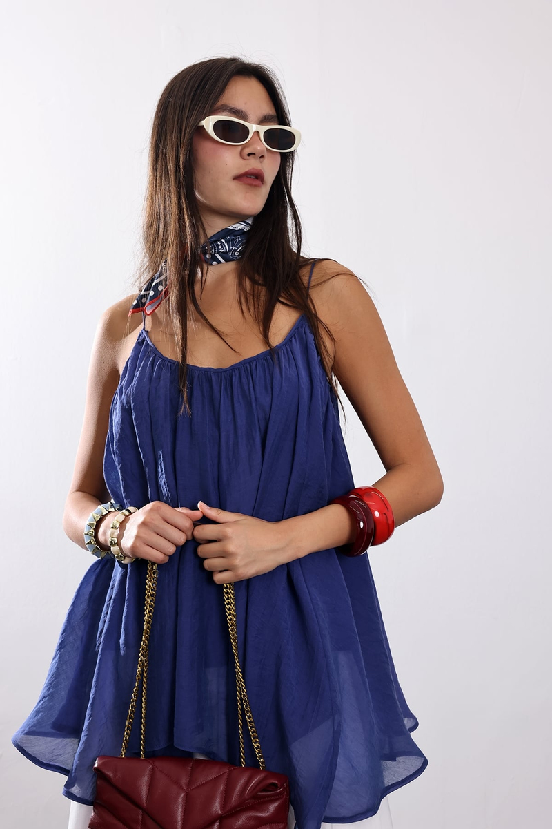 indigo Askılı Pileli Bluz 5090