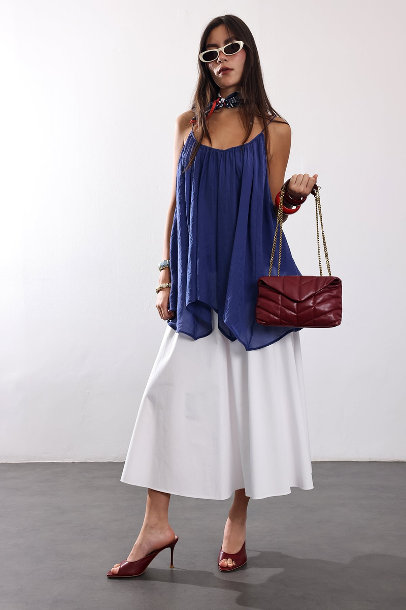 indigo Askılı Pileli Bluz 5090