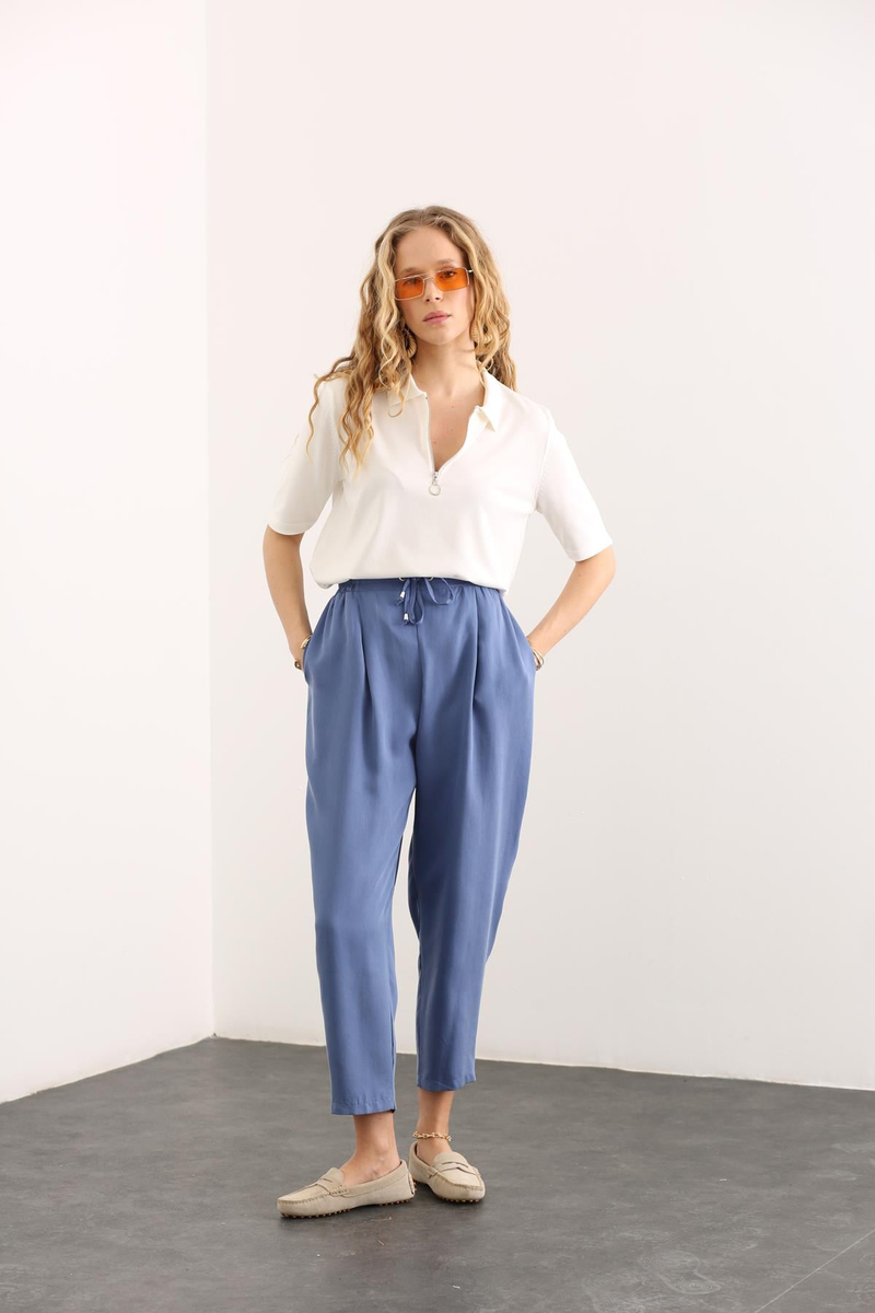 indigo Beli Lastikli Tencel Pantolon 1548