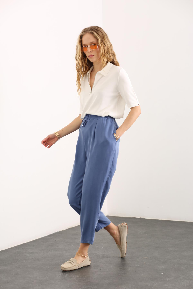 indigo Beli Lastikli Tencel Pantolon 1548