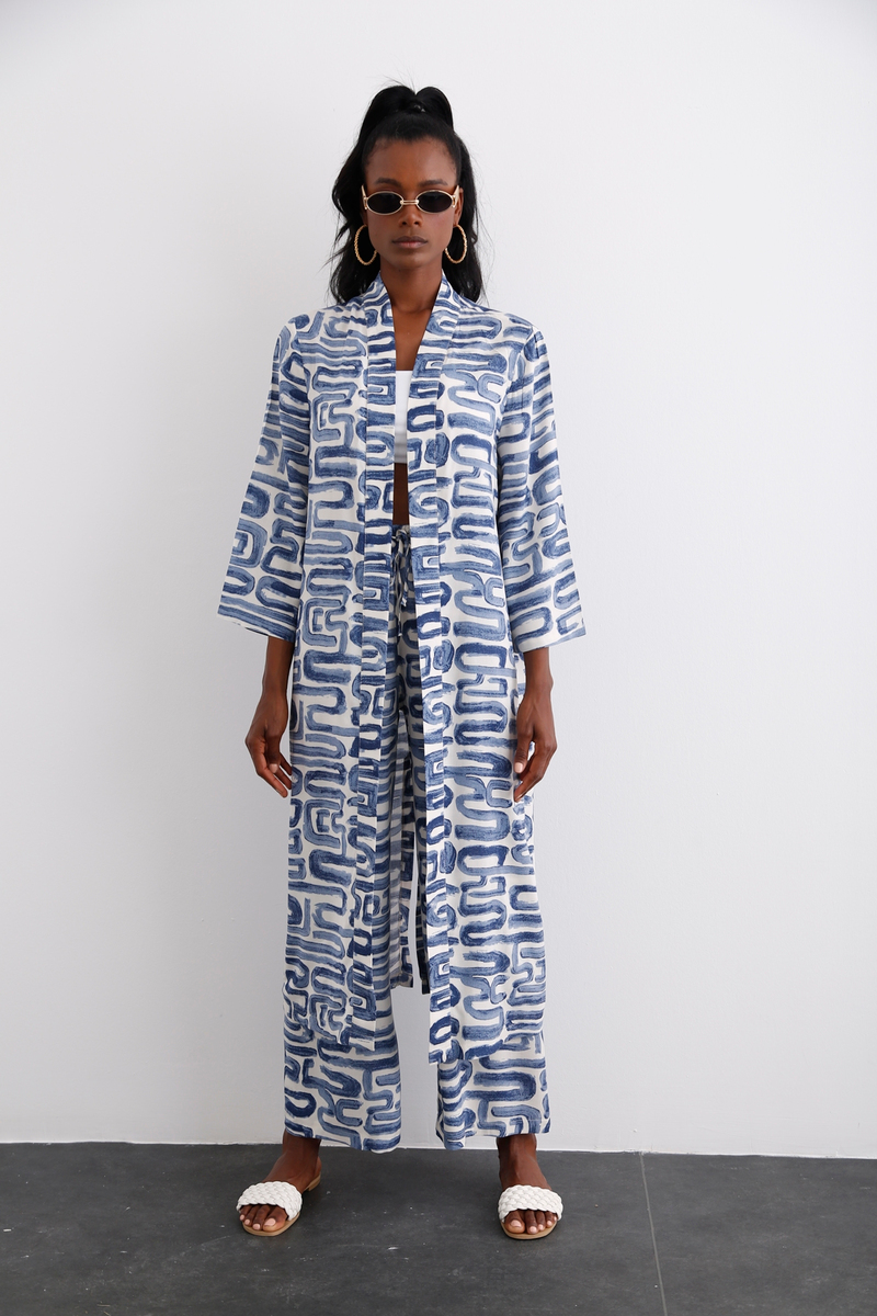 indigo Desenli Kimono Takım 96067