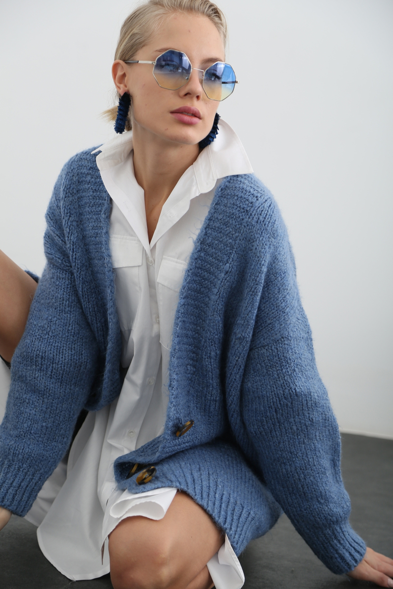 indigo Dört Düğme Örme Hırka 10039