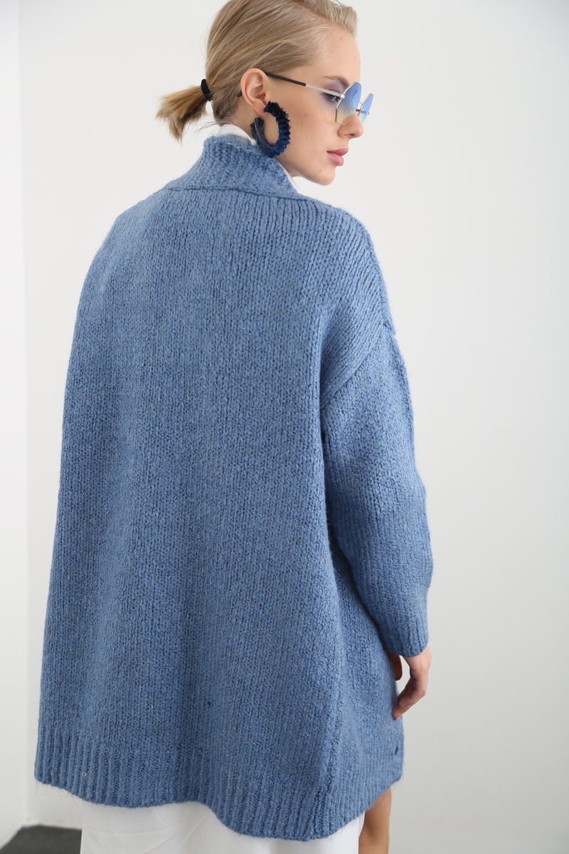 indigo Dört Düğme Örme Hırka 10039