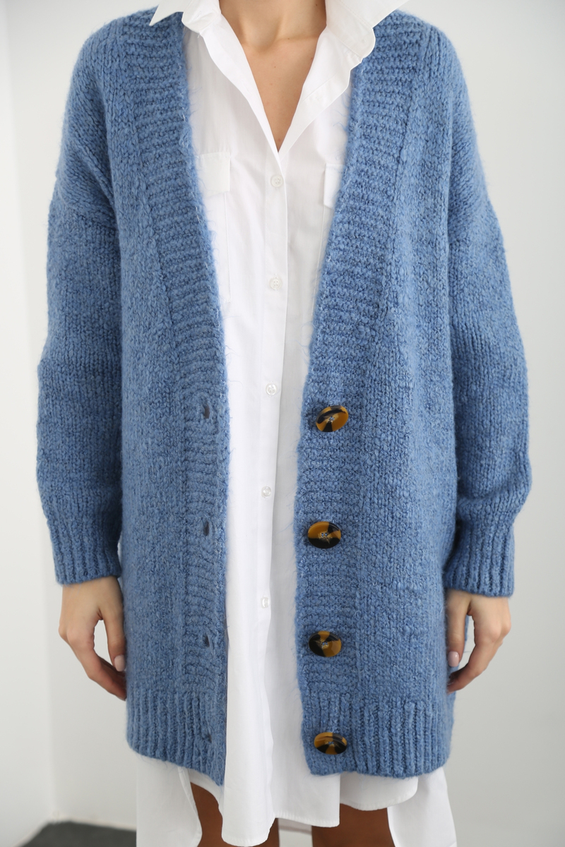 indigo Dört Düğme Örme Hırka 10039