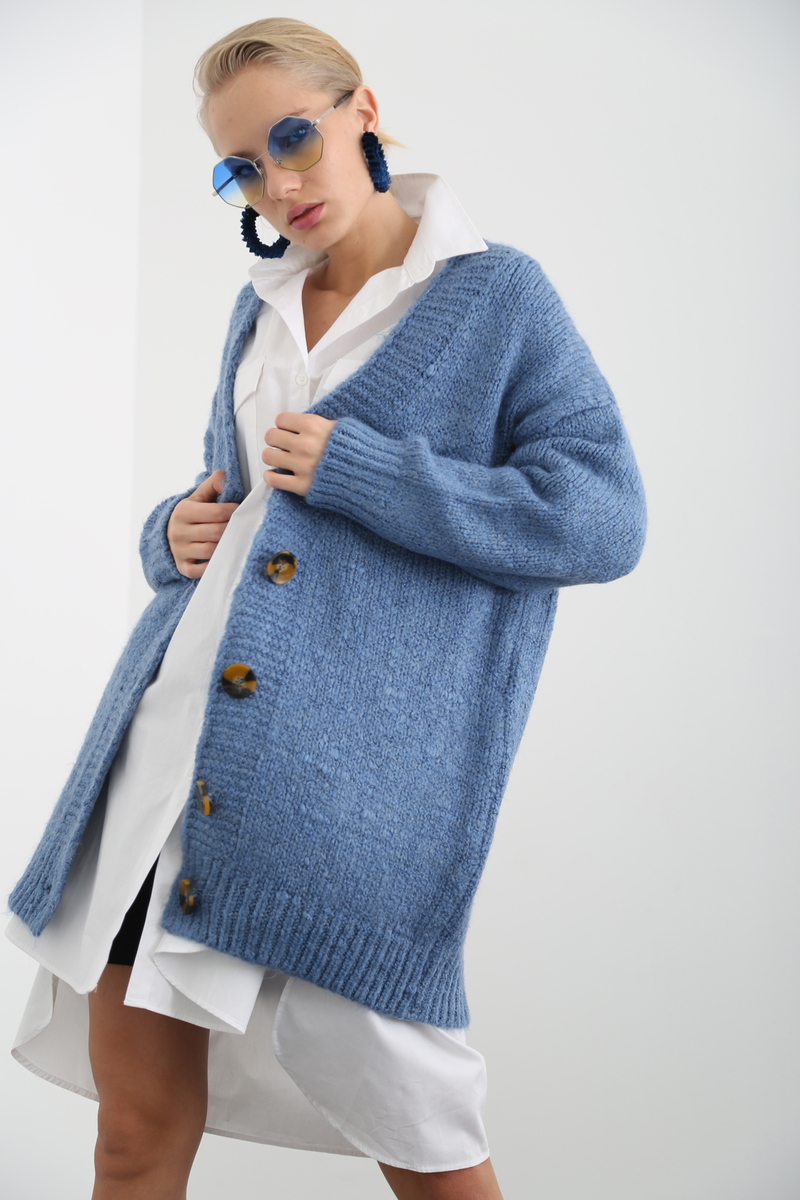 indigo Dört Düğme Örme Hırka 10039