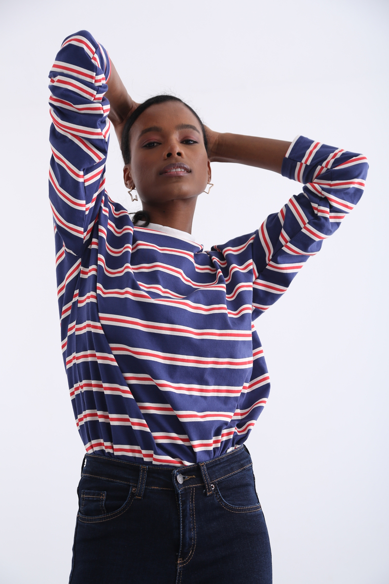 indigo Oversize Çizgili Tshirt 