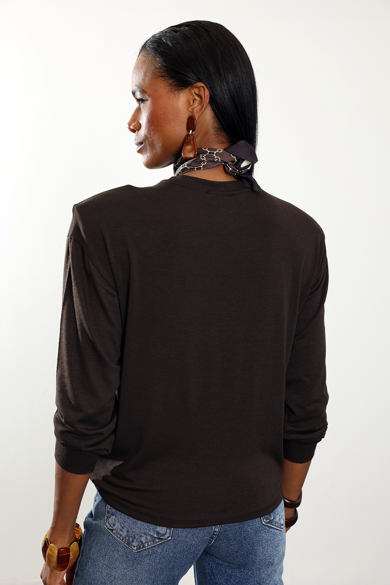 Kahverengi Amour Yazı Nakışlı Vatkalı Bluz 18075