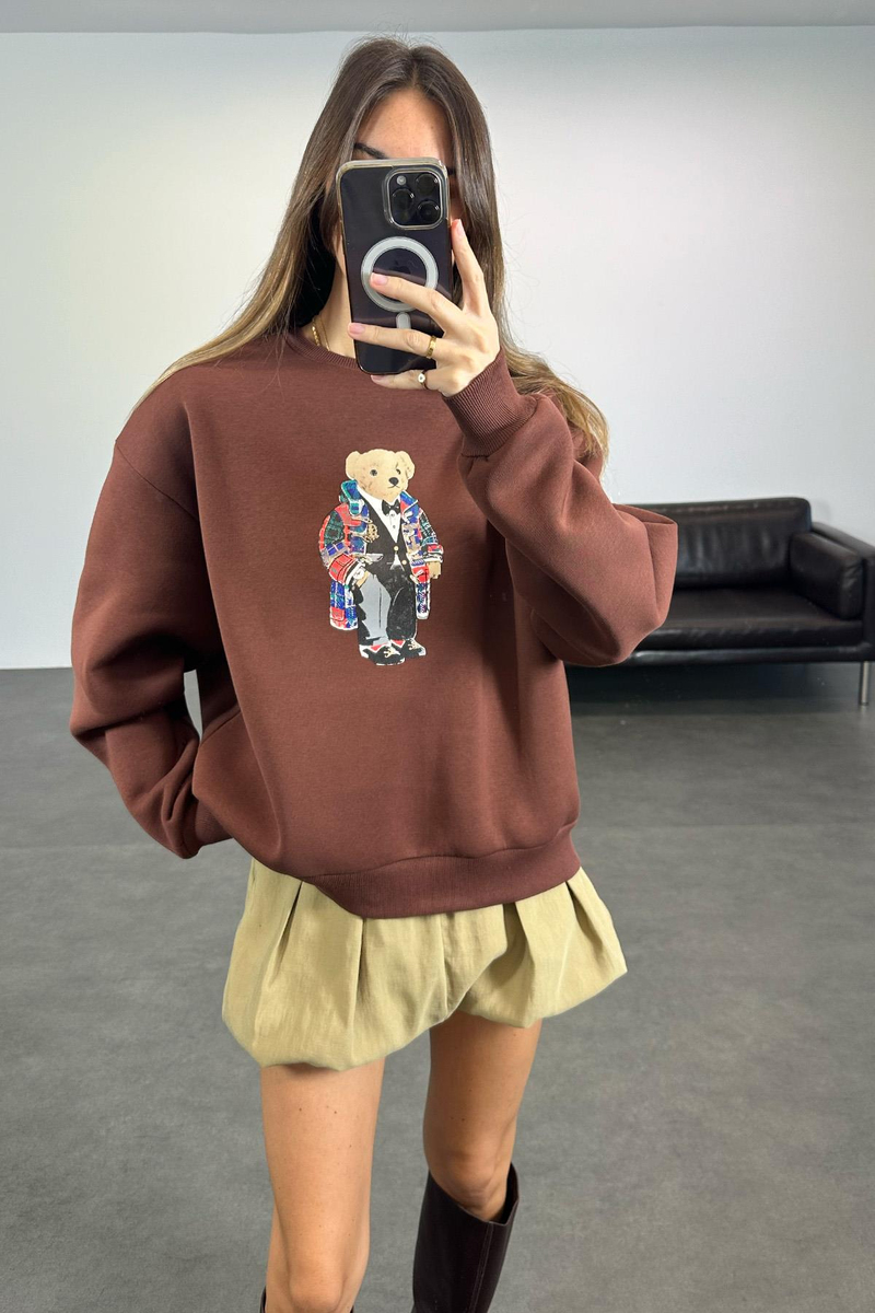Kahverengi Ayıcık Baskılı Sweatshirt 110031