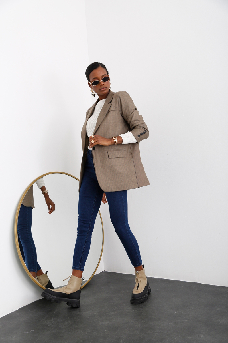 Kahverengi Balıksırtı Desen Blazer Ceket 5623