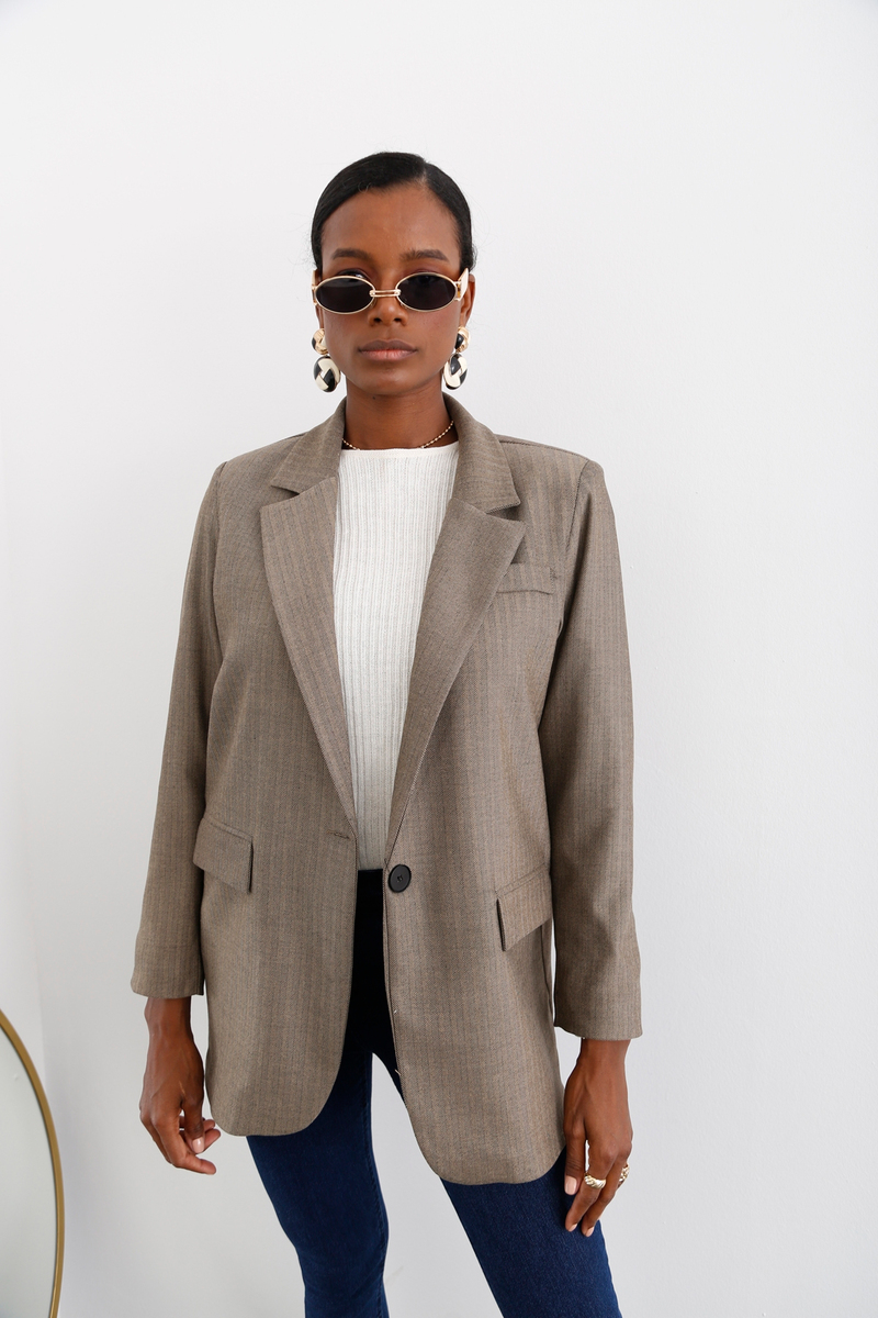 Kahverengi Balıksırtı Desen Blazer Ceket 5623